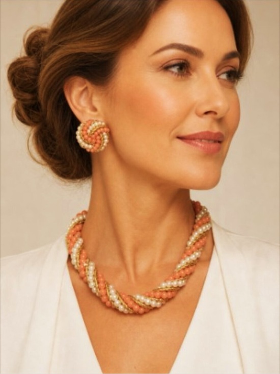 Source Unknown Jewelry - Vtg 80s Twisted Bead Rope Necklace & Earrings Set Gold-Tone, Faux Coral & Pearls